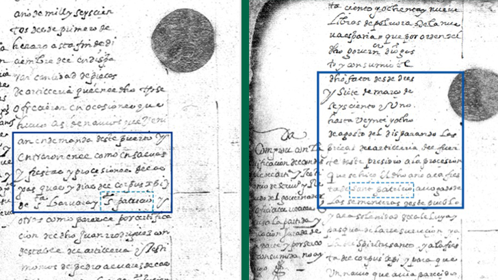 Журналы расходов на порох в Сент-Огастине за 1600 и 1601 годы. Синими прямоугольниками отмечены упоминания святого Патрика.
